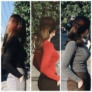 Áo croptop tay dài - Áo thun trơn, cổ tròn, tay dài, form ôm