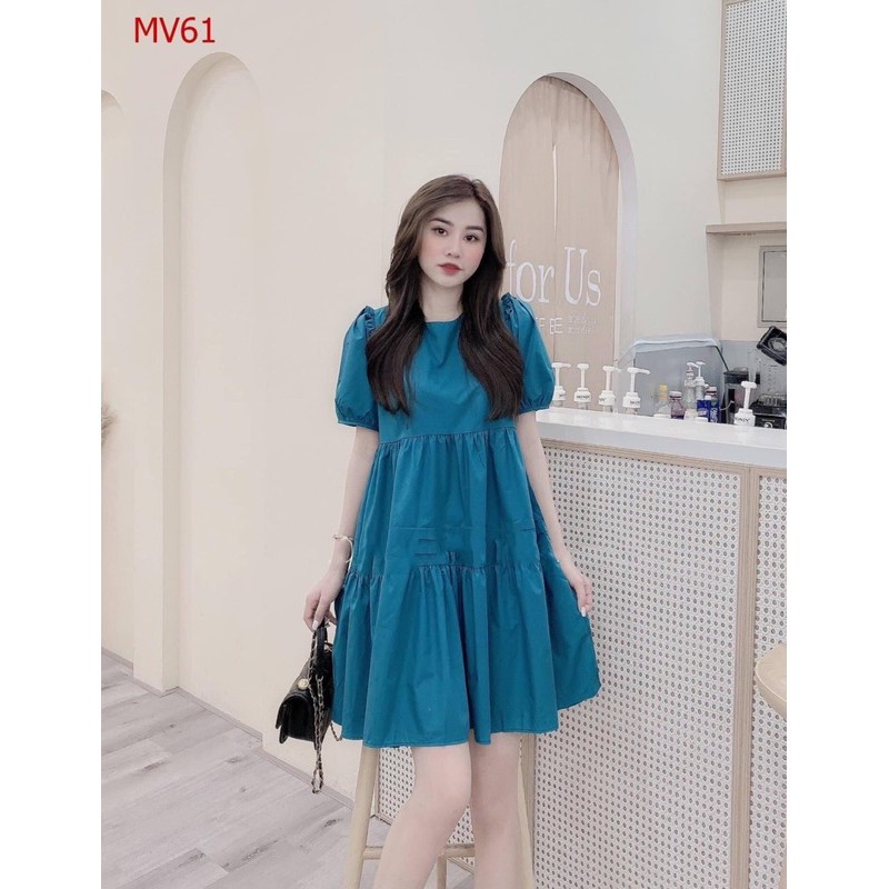 VNU236 - VÁY XANH 2 TẦNG XẾP LI TAY BỒNG