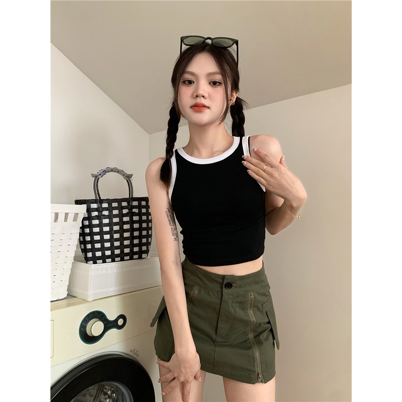 Áo Không Tay Phối Màu Tương Phản Phong Cách retro Mỹ