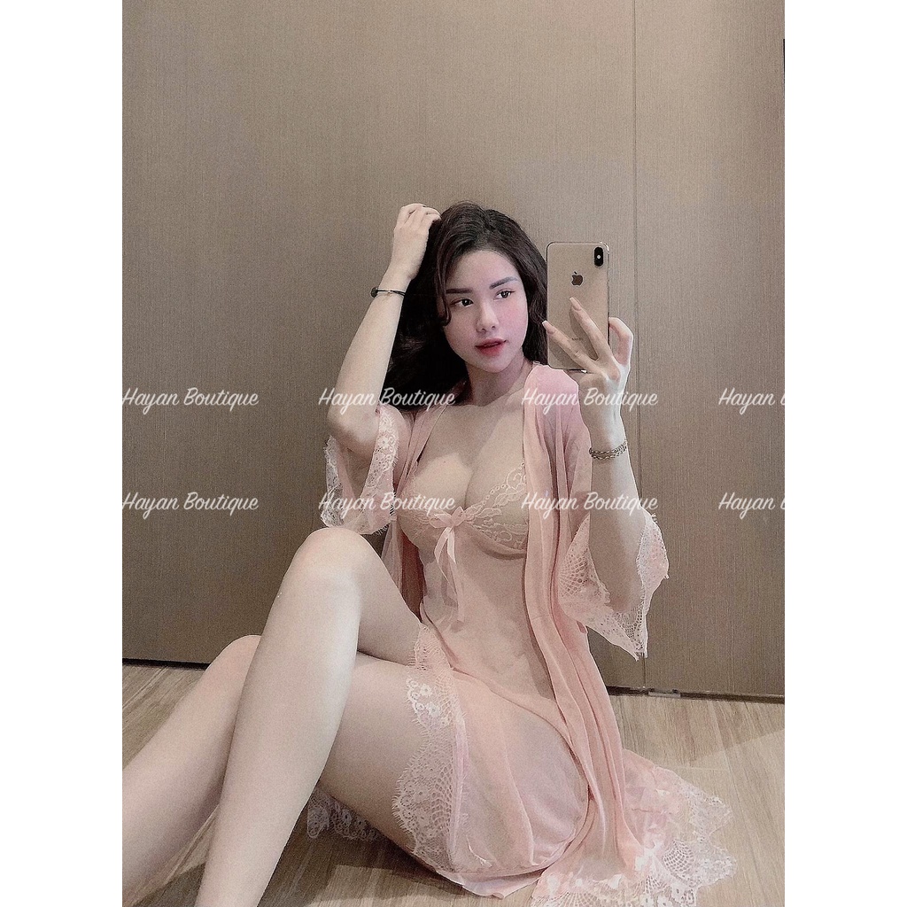 HT121 Set váy ngủ và áo choàng sexy ren mềm mại xuyên thấu, set đồ ngủ ren tay lỡ gợi cảm HT121