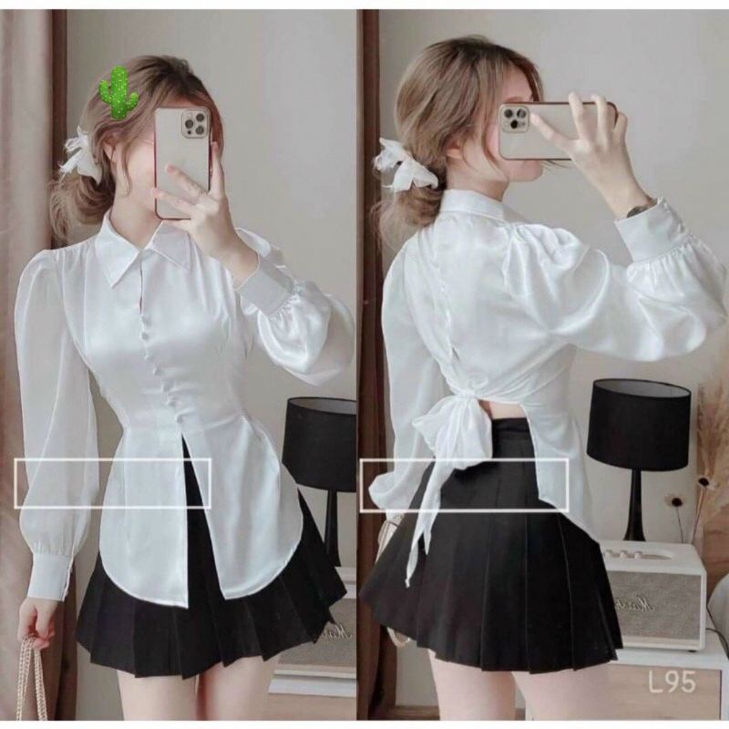 Áo sơ mi tiểu thư cột nơ lưng tay dài nút bọc vải phi lụa loại 1