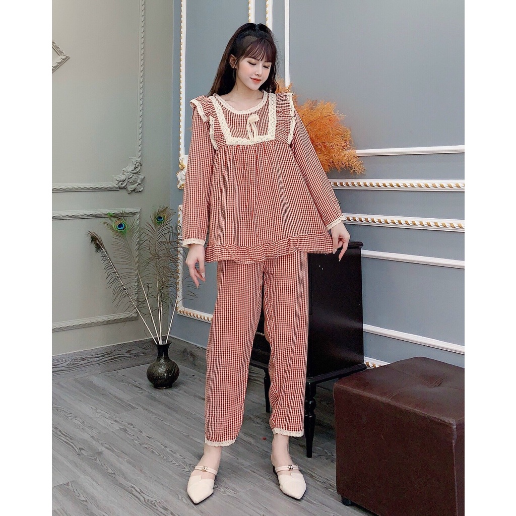 Bộ đồ bầu dài tay M413 chất đũi kẻ caro freesize từ 45 đến 70kg