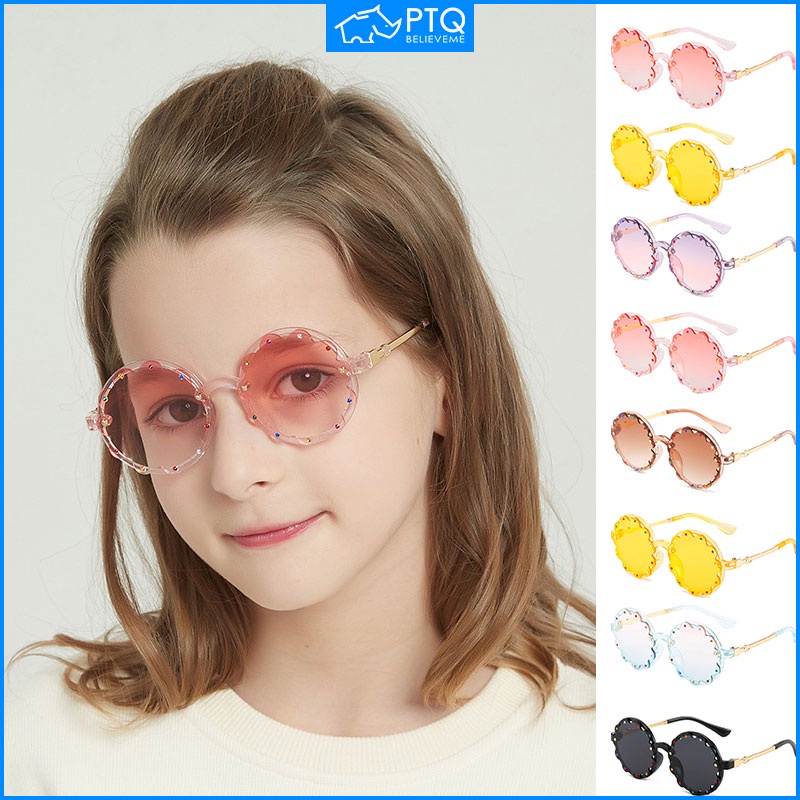 Kính Chống Tia UV400 PTQ Gọng Tròn Phối Ren Đính Đá Thời Trang Cho Bé