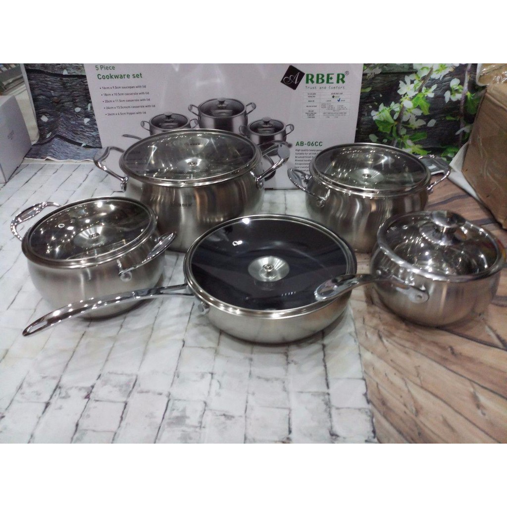 Bộ nồi inox 5 món Arber AB06SCC - Hàng chính hãng có tay cầm chống nóng