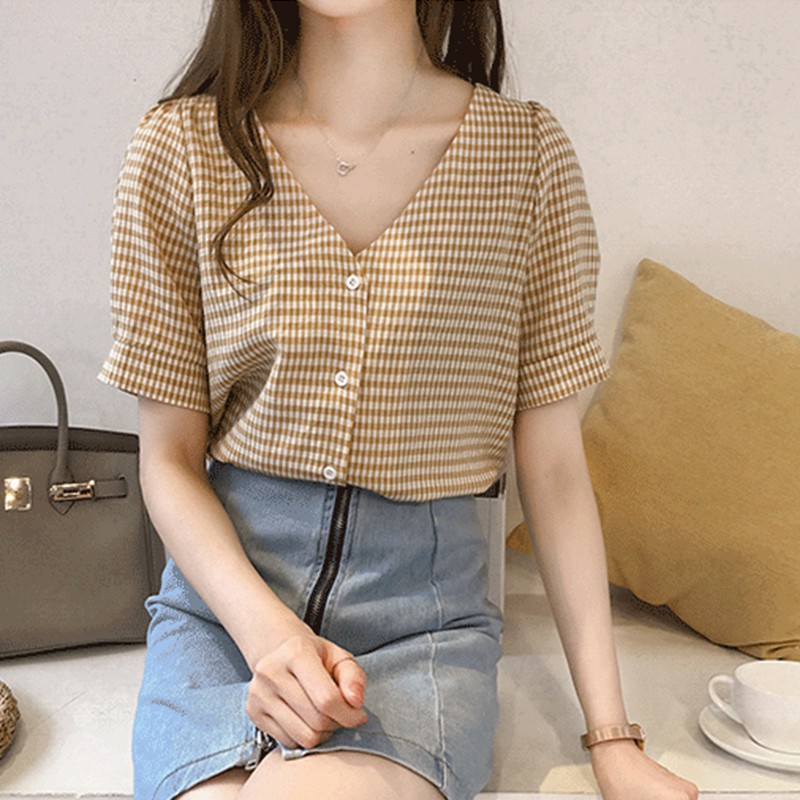 Áo Sơ Mi Ngắn Tay Họa Tiết Ca Rô Thời Trang Xinh Xắn Cho Nữ