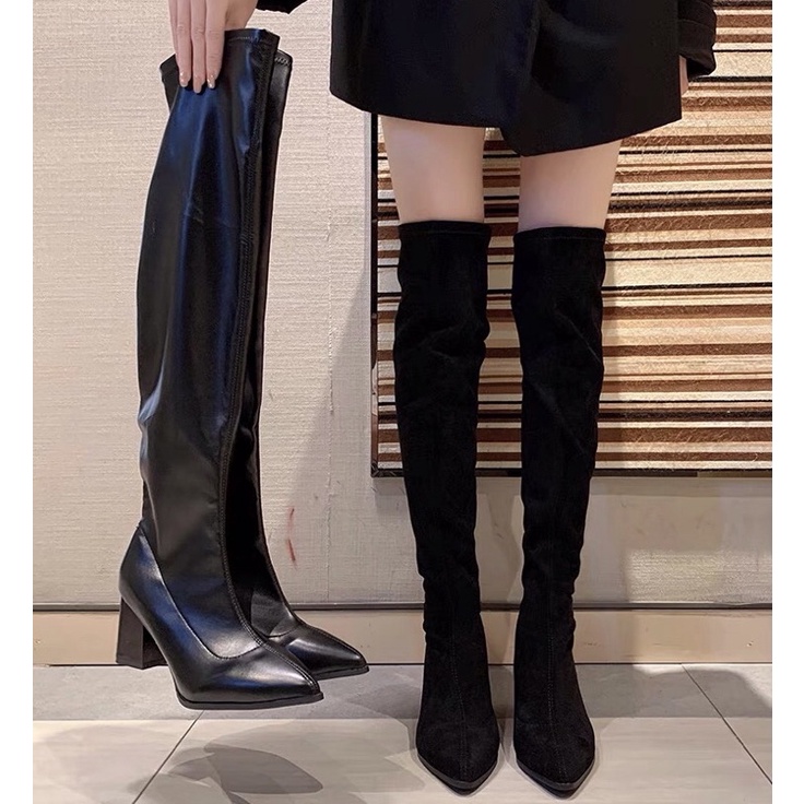 Bốt đùi nữ mũi nhọn da lộn lót lông ôm chân gót cao 7cm không khoá