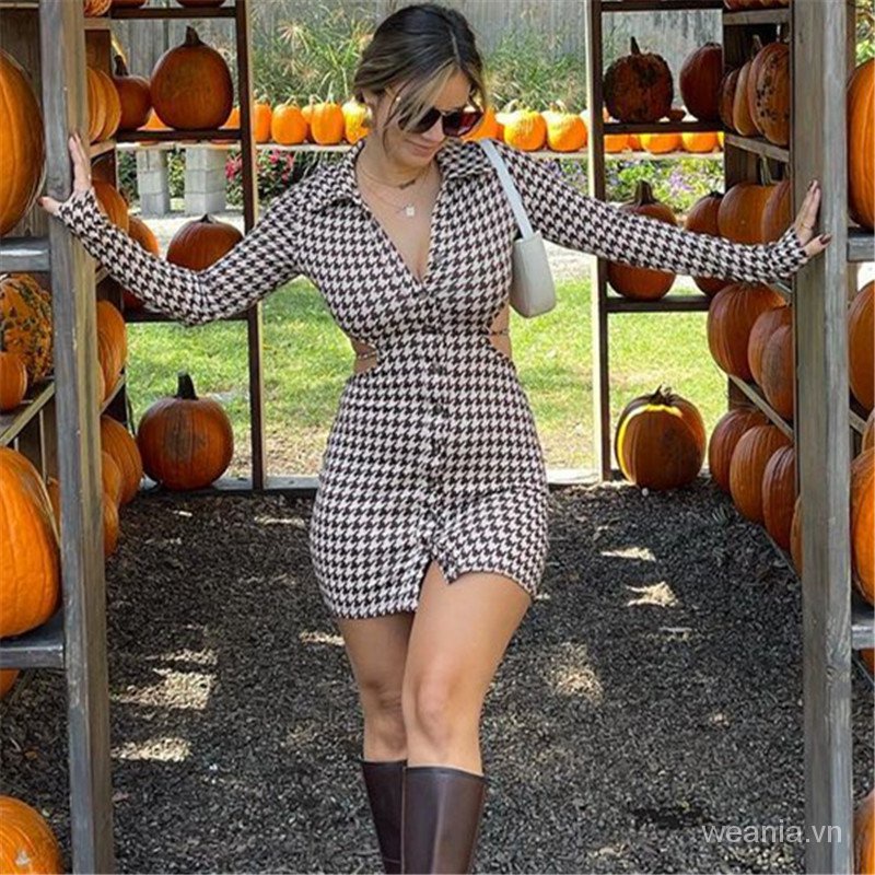 Đầm tay dài cổ polo họa tiết sọc caro thời trang cho nữ