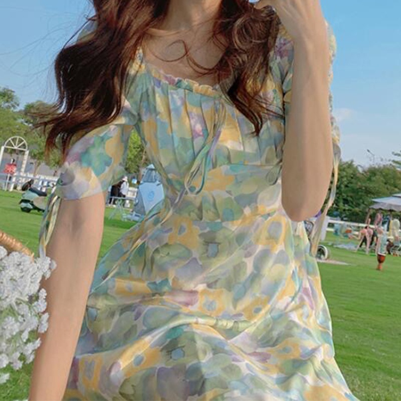 Đầm Cổ Vuông Tay Ngắn Phối Dây Rút Họa Tiết Hoa Phong Cách Pháp Thời Trang Mùa Hè Cho Nữ