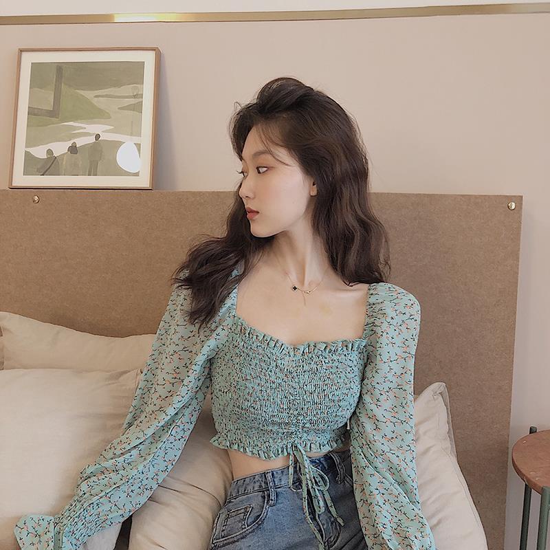 IELGY Áo Sơ Mi chiffon Cổ Vuông Viền Gỗ Dài Tay Phong Cách vintage Cho Nữ