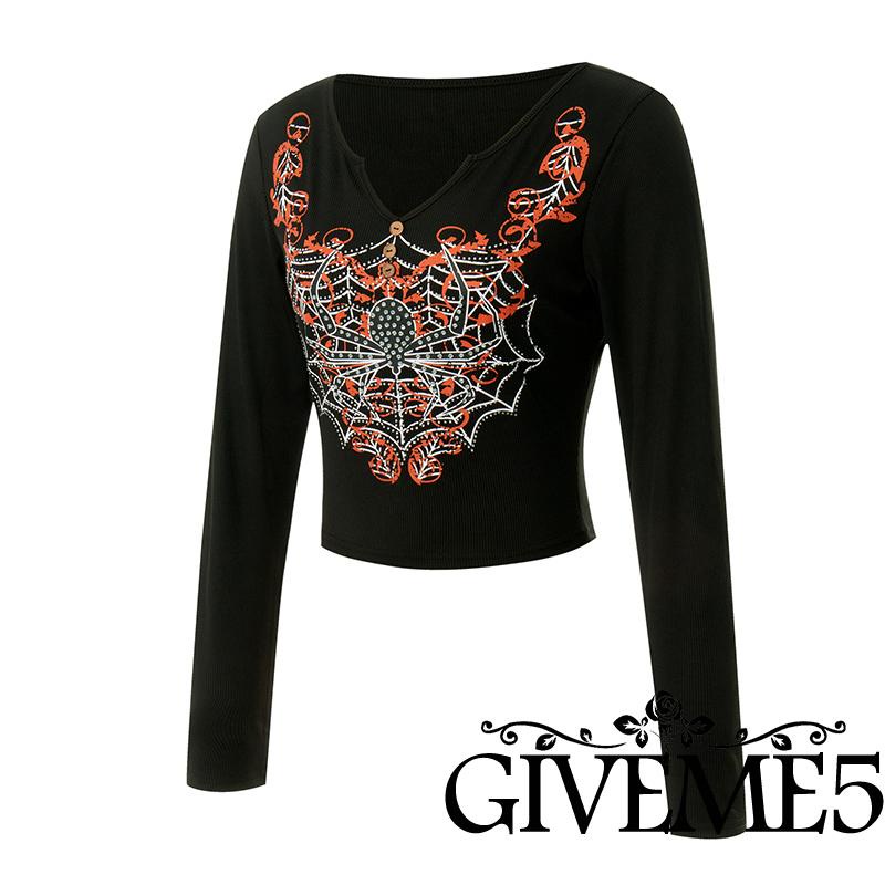 Áo thun gothic dài tay cài nút phía trước họa tiết nhện cho nữ