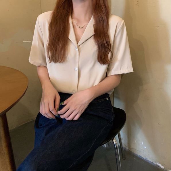 Áo sơ mi tay ngắn cổ vest nữ form rộng đẹp freesize hàn quốc trắng đen kem xanh hồng vintage hàn quốc ylydress C456