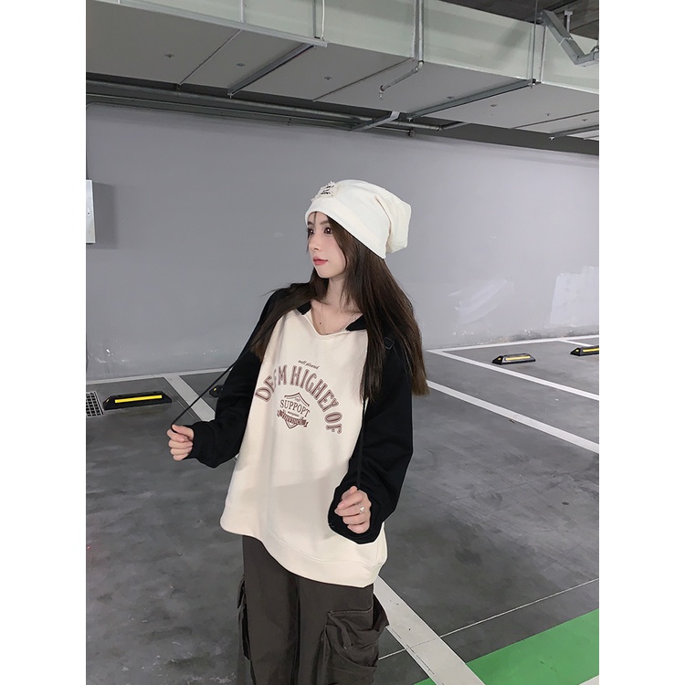 Áo hoodie nữ tay dài dáng rộng in hình màu sắc retro dễ phối đồ phong cách Mỹ