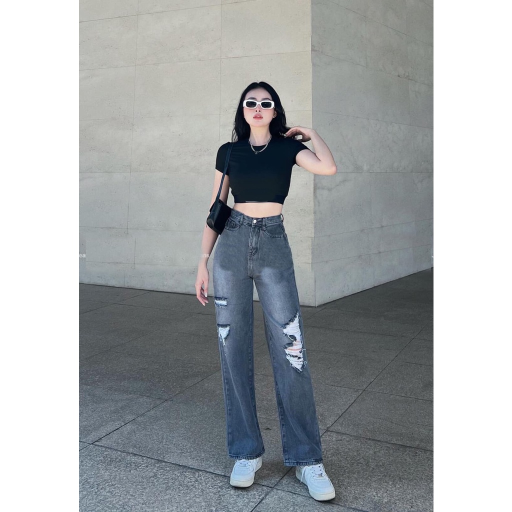 [ RẠNG ĐÔNG ] QUẦN JEANS ỐNG RỘNG NỮ LƯNG CAO RÁCH MẢNG NÚI 2 ĐÙI MÀU XÁM LAI CUỐN MỀM MỊN SIÊU PHONG CÁCH HOT HIT NITI