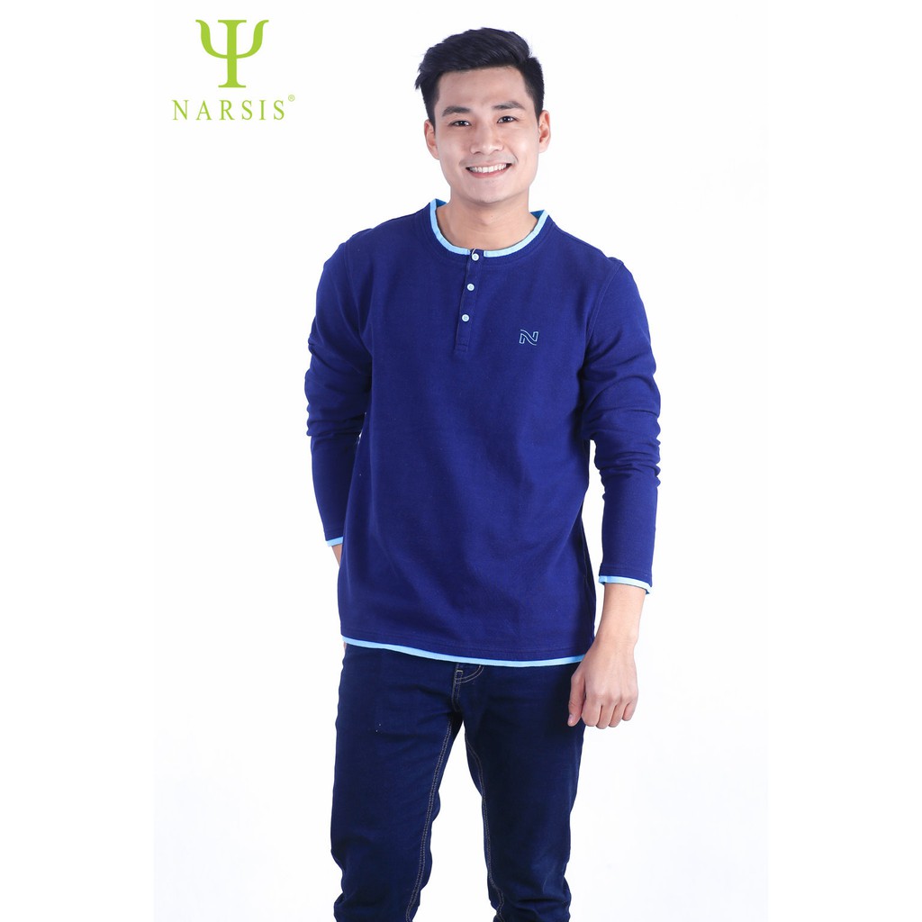Áo thu đông Nam Narsis D7069 màu xanh tìm than phối xanh ngọc cổ tròn bo nẹp