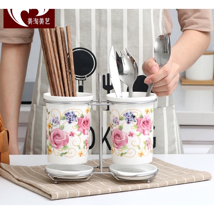 Ống đựng đũa bằng sứ có khay hứng nước dùng làm quà tặng và trang trí cao cấp