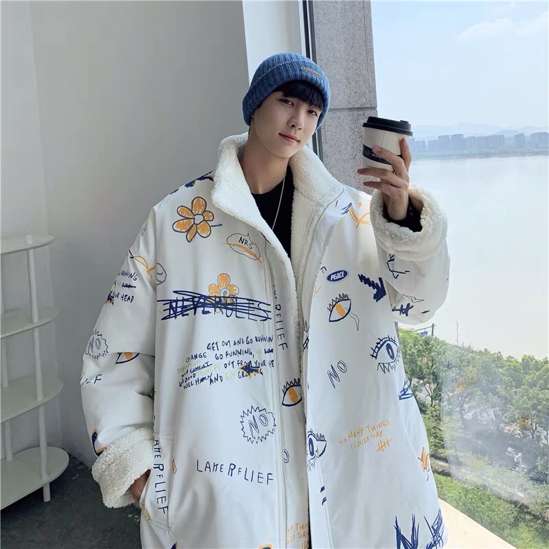 Áo khoác phao lót lông cừu mặc 2 kiểu dáng rộng oversize Ulzzang siêu chất ❤️