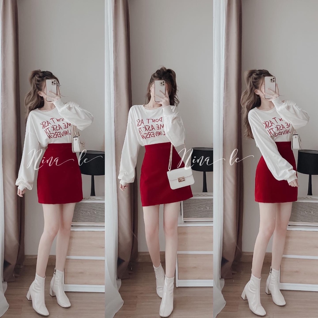 Set chân váy nhung đỏ kèm áo thun tay dài chuẩn form, chân váy chất nhung siêu sang xịn mịn, form < 60kg - Xamiu_shop | WebRaoVat - webraovat.net.vn