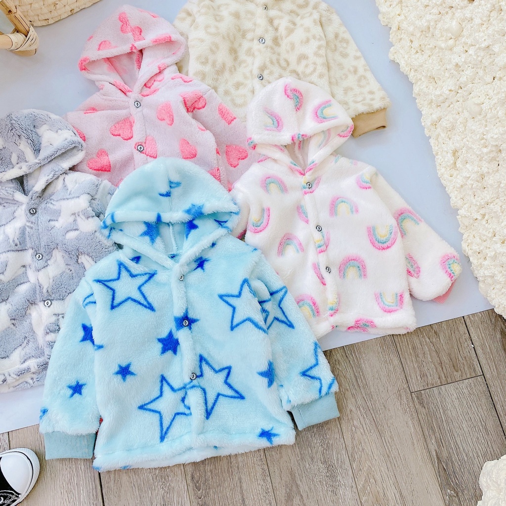 ÁO KHOÁC NHUNG TUYẾT CÓ MŨ GIỮ ẤM  SIÊU MỀM , SIÊU MỊN, SIÊU NHẸ AN TOÀN CHO BÉ SƠ SINH TỪ 4- 12KG, AKNT - AKN