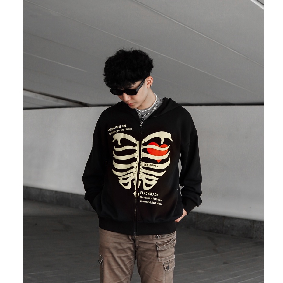 Áo Khoác chống nắng HOODIE zip IN NỔI họa tiết Xương nam nữ, chất Cua, BLACKMIACK