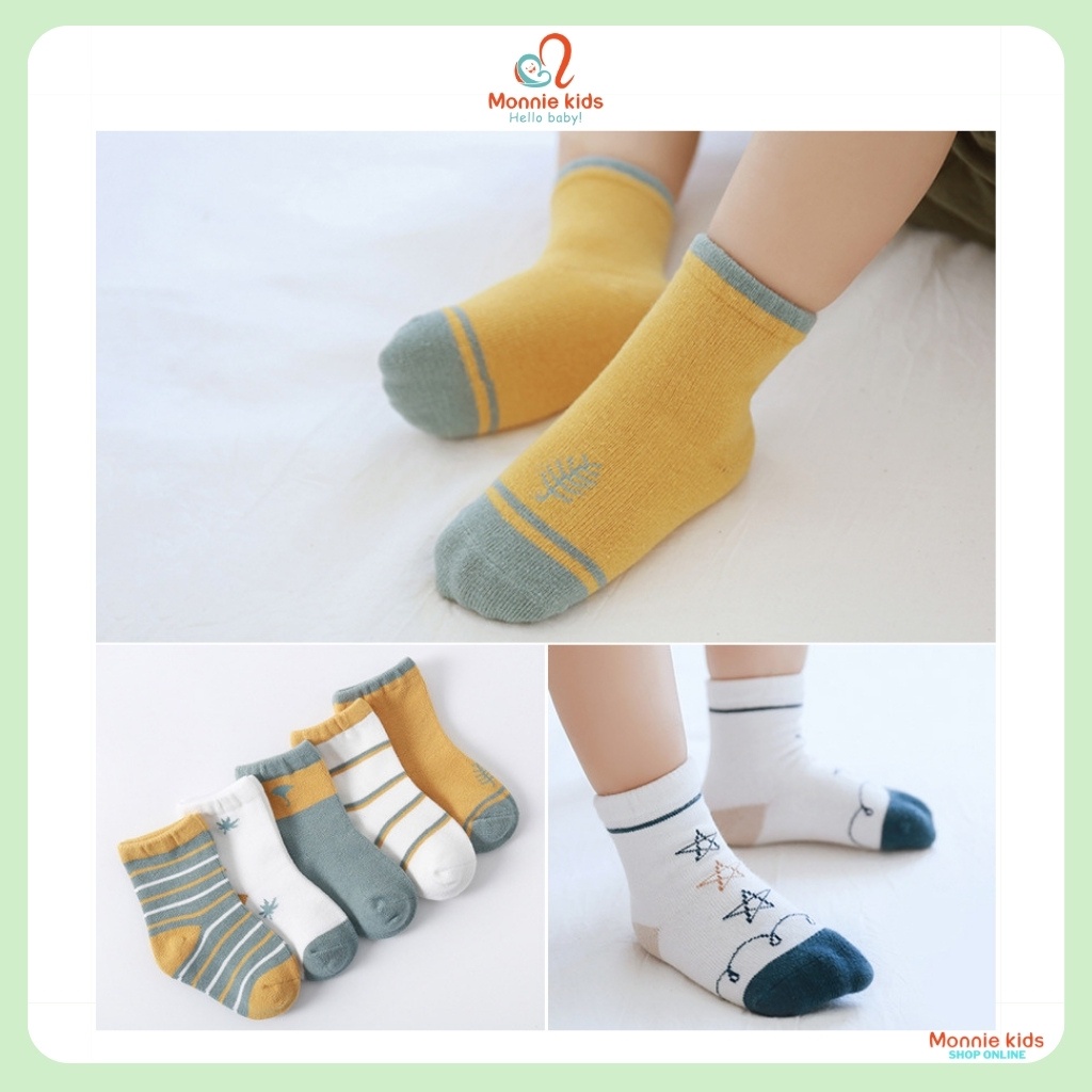 Set 5 đôi vớ họa tiết unisex cho bé, tất trẻ em cotton cổ cao mềm mại co giãn - Monnie Kids