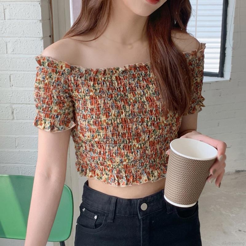 Áo Croptop Chất Chiffon Hoạ Tiết Hoa Thiết Kế Trễ Vai Quyến Rũ
