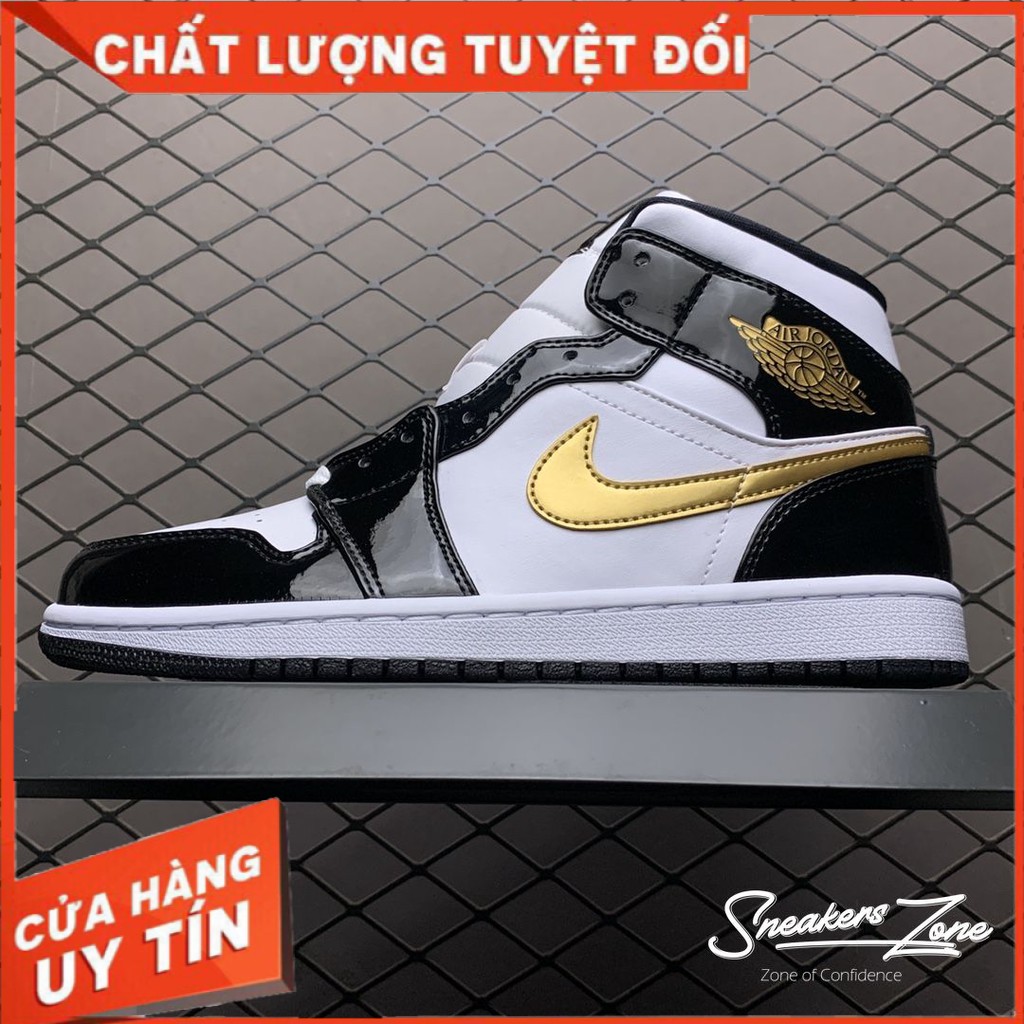 (FREESHIP+HỘP+QUÀ) Giày thể thao Sneakers AIR JORDAN 1 Retro High Patent Black White Gold Đen bóng logo vàng