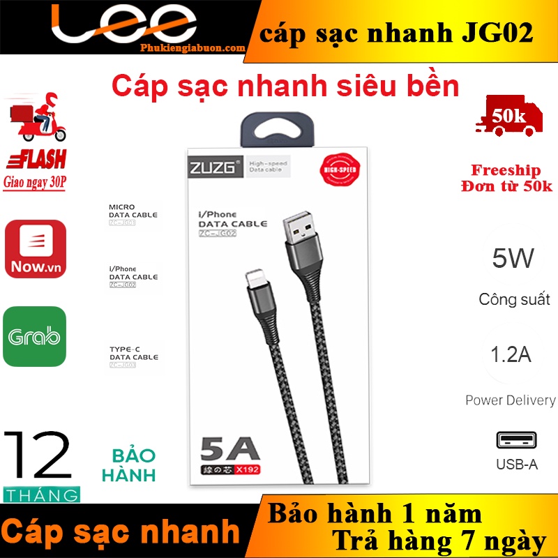 Cáp sạc nhanh siêu bền 5A  USB A ZUZG bảo hành 12th