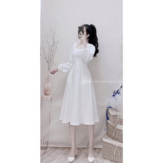 Váy xoè cổ vuông basic tay bồng chiết ly eo sang chảnh
