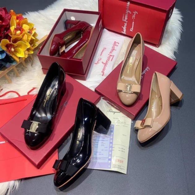 Giày Búp Bê Da Bóng Cao Gót Đế Vuông 5 Phân