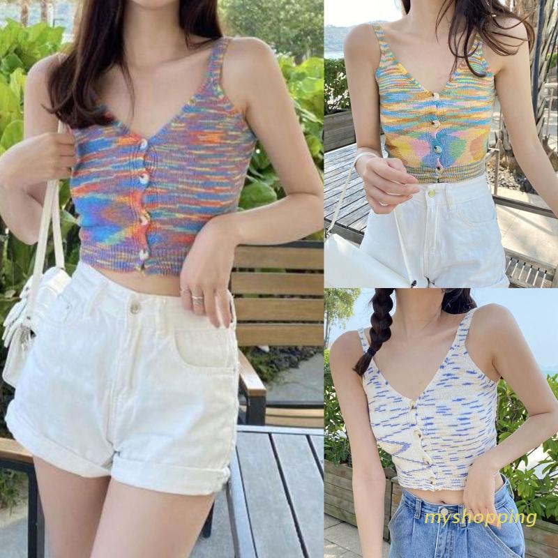 Áo Croptop Dệt Kim Cổ Chữ V Phối Nút Họa Tiết Kẻ Sọc Nhiều Màu Thời Trang Quyến Rũ Cho Nữ