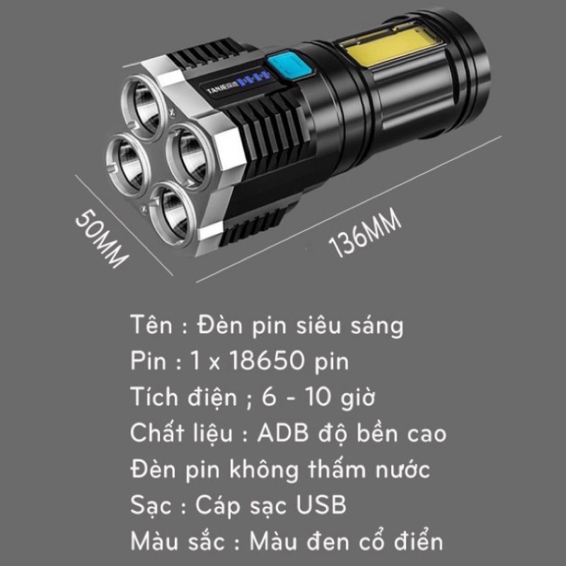 Đèn Pin Siêu Sáng Cầm Tay 4 Bóng Chắc Chắn 4 Chế Độ Sáng Tiện Dụng Miễn phí vận chuyển đơn hàng đạt 200k
