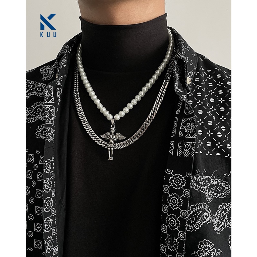 Dây Chuyền Nam MAS 2 Dây Thiên Thần Saz Store - Vòng Cổ Dây Bản Lớn Hình Chữ Thập Thép Titan Không Gỉ
