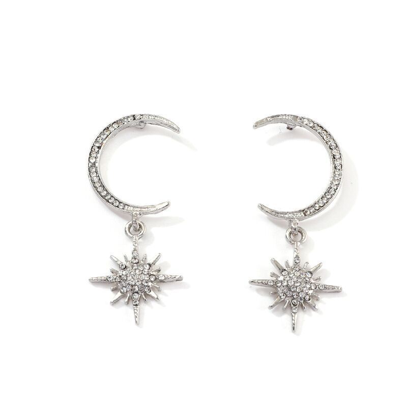 Bông Tai Mạ Bạc 925 Dáng Dài Hình Trăng Sao Đính Đá Thời Trang Hàn Quốc Cho Nữ