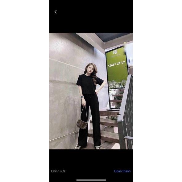 [9.9 Sales Freeship] Set bộ thun gân đen trơn màu quần dài, set bộ mặc nhà thoải mái màu đen tay ngắn quần rộng dx