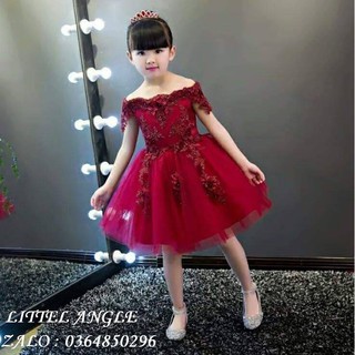 [ẢNH THẬT]Đầm kiểu dáng công chúa phối ren thêu hoa cao cấp mẫu đỏ ngắn trễ vai cho bé gái