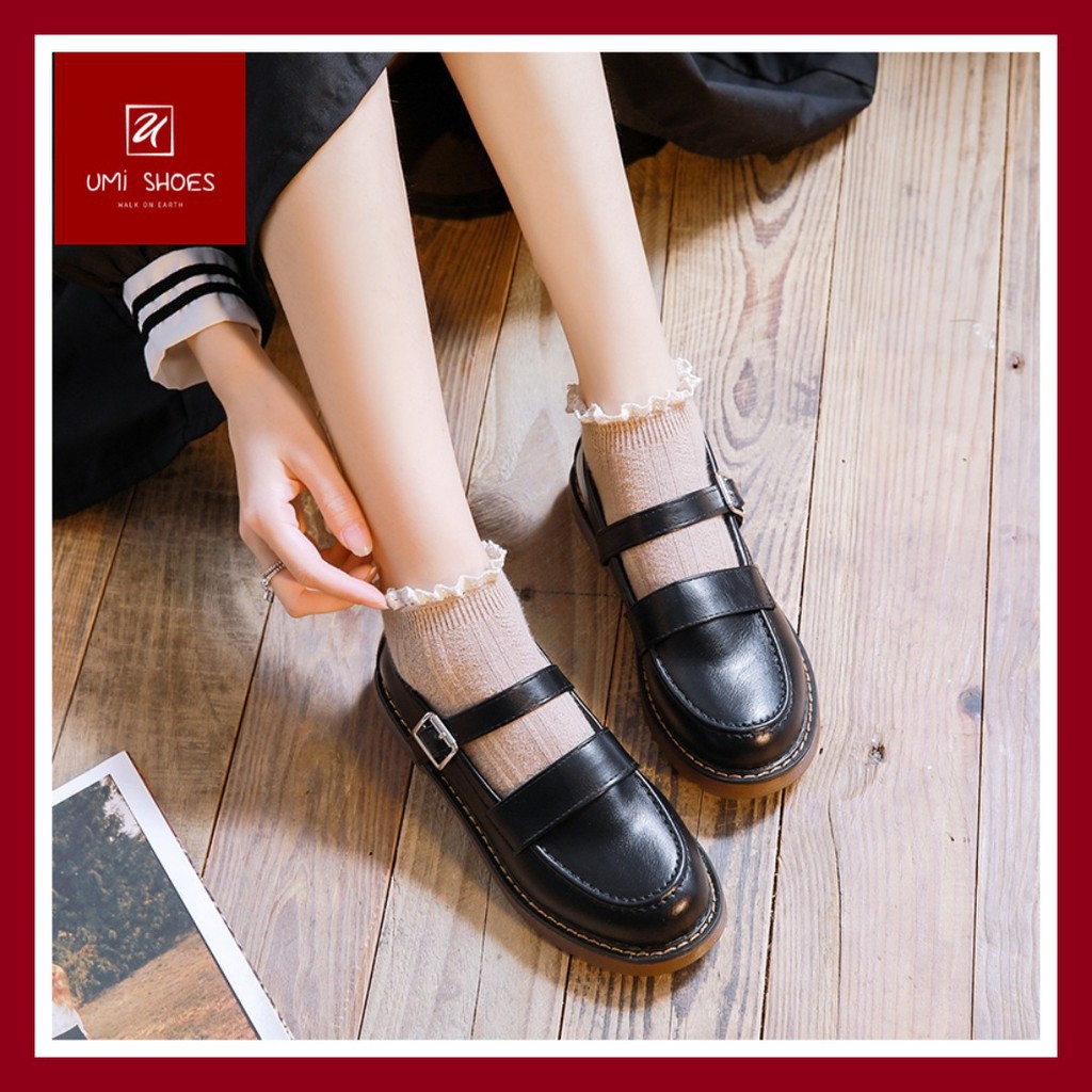 ulzzang [CÓ SẴN] Giày oxford nữ LOLITA RETRO đơn giản 2 màu đen/nâu mũi tròn khâu viền chắc chắn bền đẹp mới quai cài đế