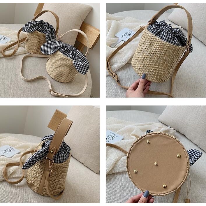 Túi cói hình trụ tròn - vải lót caro - phong cách Vintage