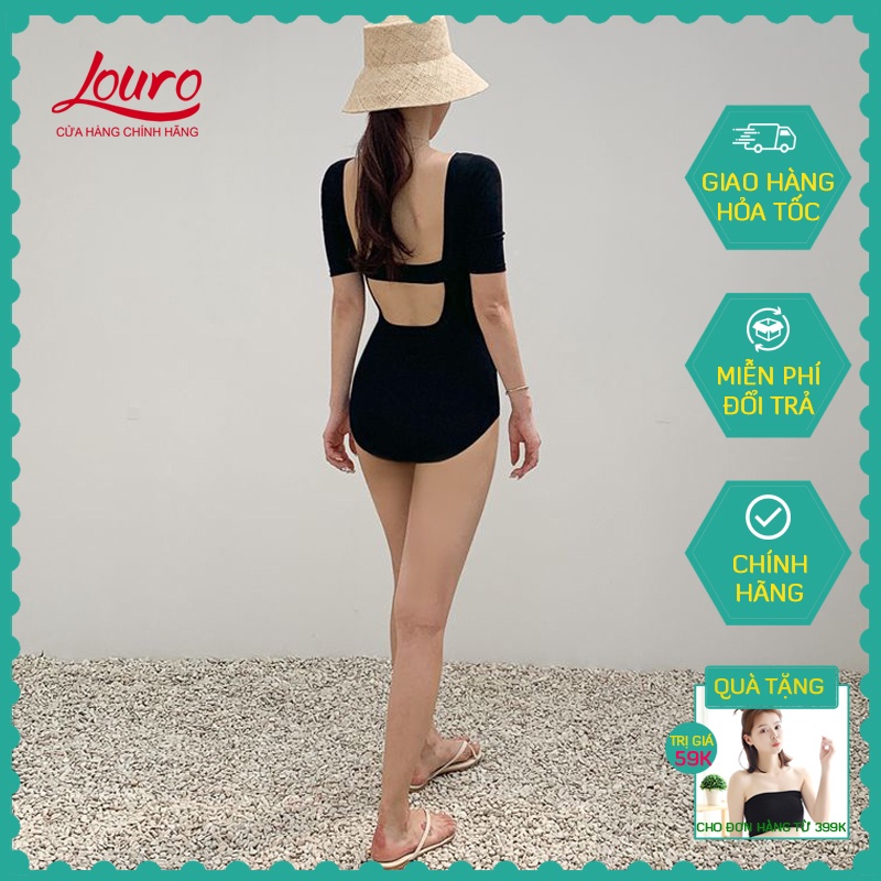 Áo bơi nữ 1 mảnh liền kín đáo Louro, kiểu bikini đi biển tay ngắn chun eo phong cách đồ bơi hàn quốc - SW02