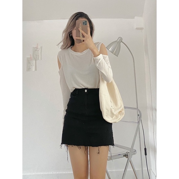 Áo thun kiểu dài tay khoét vai basic len mỏng