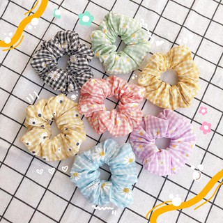 Chun buộc tóc vải scrunchies kẻ caro hoa cúc nhỏ