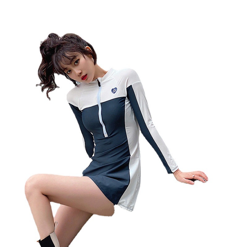 Bộ Đồ Bơi Một Mảnh Áo Tay Dài + Quần Short Có Khóa Kéo Thời Trang Đi Biển Cho Nữ