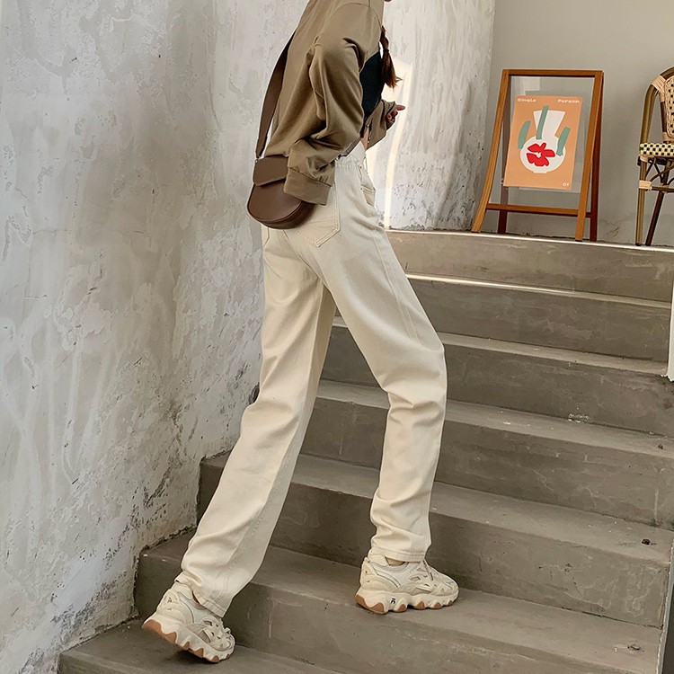 [Sẵn sz M] QA1_Quần jeans màu trắng ống suông rộng cạp cao ulzzang