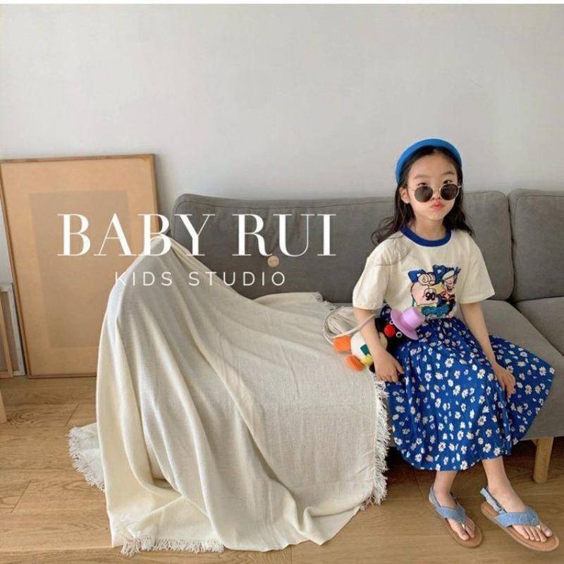 Set áo thun cotton in họa tiết hoạt hình + chân váy hoa lưng thun phong cách Hàn Quốc thời trang mùa hè cho bé