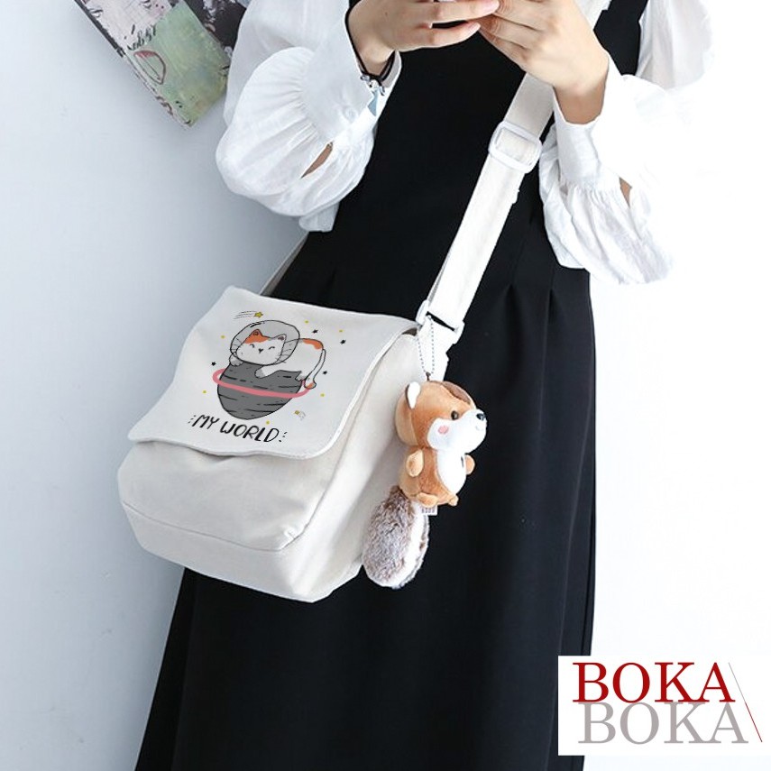 Túi Tote Đeo Chéo Vải Canvas Mèo My World Phong Cách Ulzzang