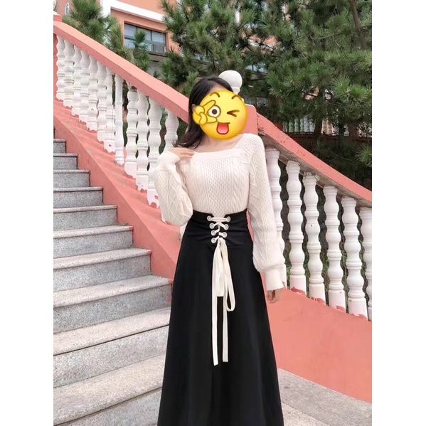 Set áo len + chân váy đen dài thắt dây vintage ulzzang hot hit