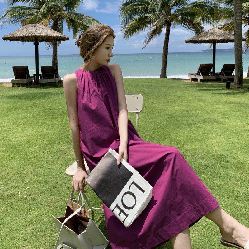 Đầm Maxi Tím Form Rộng Đi Biển ,Váy Yếm Dài Cổ Xếp Ly Dáng Suông ,Kate Mịn ,Size M L XL
