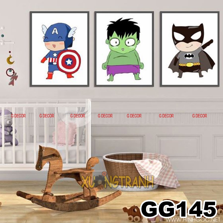 Tranh treo tường canvas 3 bức phong cách Bắc Âu 117, tranh hoạt hình trang trí phòng khách, phòng ngủ, phòng ăn