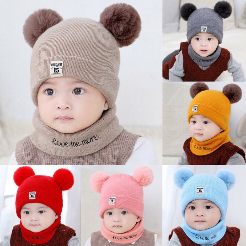 Mũ Len Cho bé Siêu kute bao gồm Khăn &amp; Mũ Len 2 quả bông