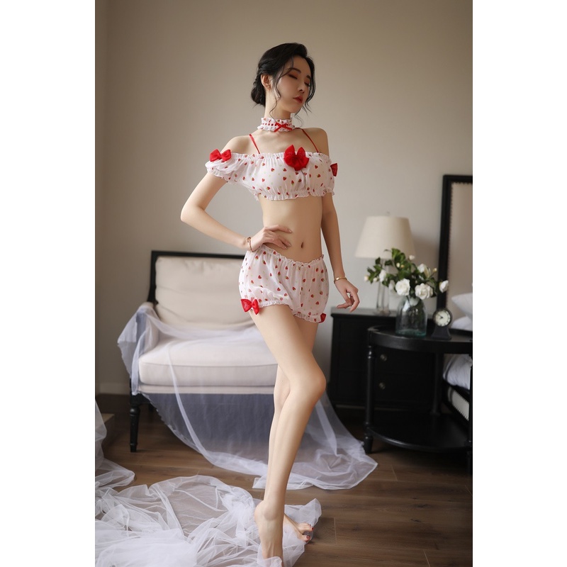 [Che tên] Bộ đồ ngủ họa tiết Dâu tây trễ vai Dễ thương - Set ngủ Dâu tây sexy gợi cảm cho nữ CP026