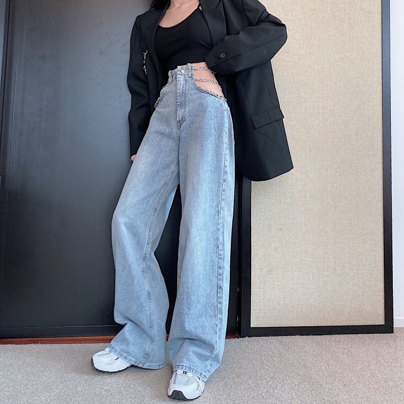 (ORDER) Quần jeans ống rộng cạp cao xích ngang khoe eo gợi cảm | BigBuy360 - bigbuy360.vn